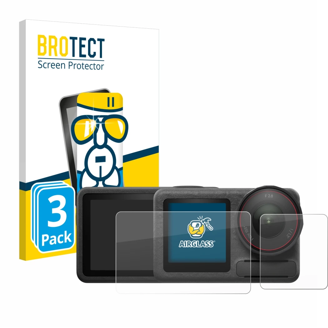 Vorderseite einer Produktverpackung mit dem Markenlogo BROTECT. Daneben ist das Gerät DJI Osmo Action 5 Pro (case-friendly) mi