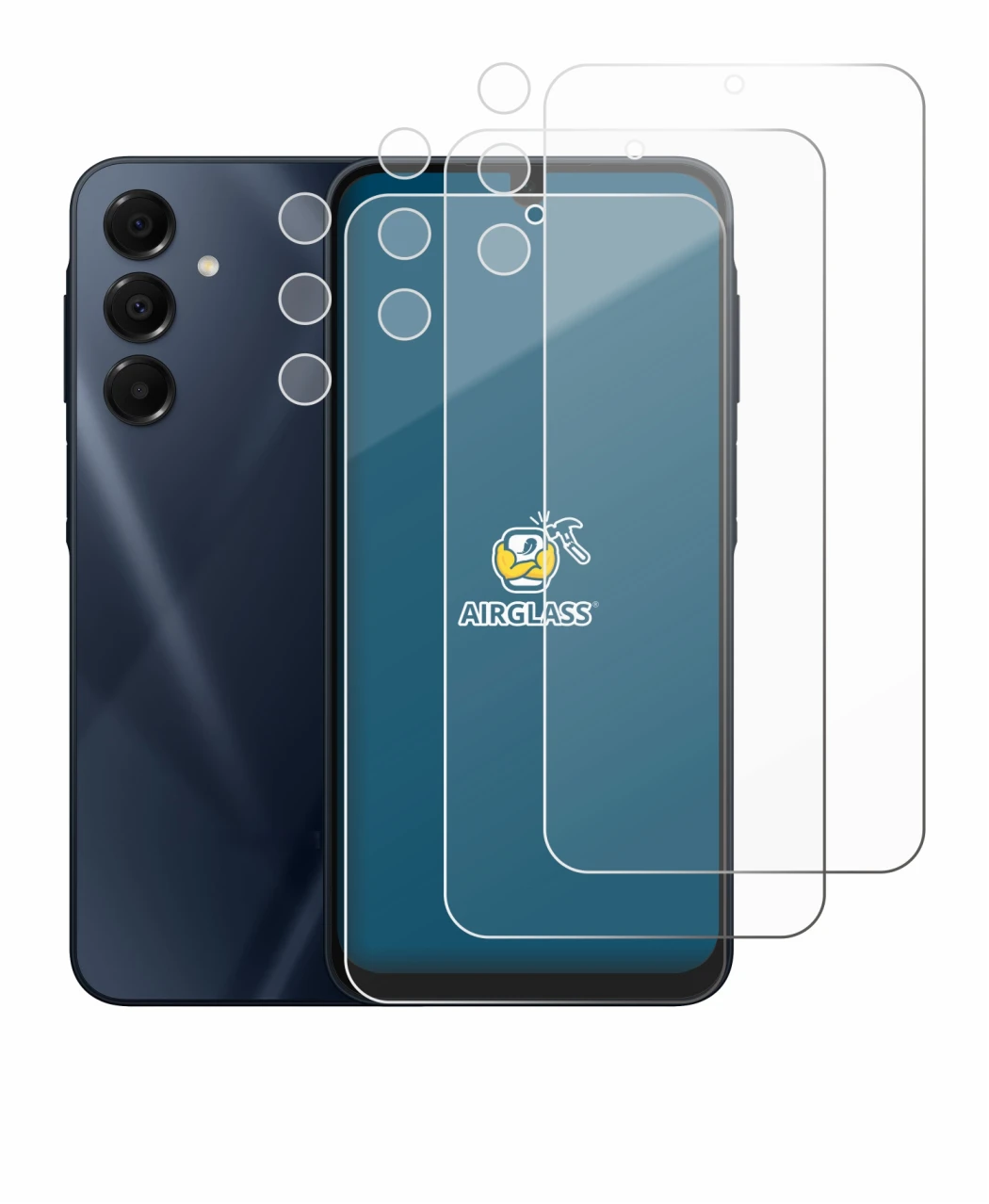 Abbildung des Geräts Samsung Galaxy A16 5G (Display+Kamera) mit einer Vielzahl des Displayschutzes.