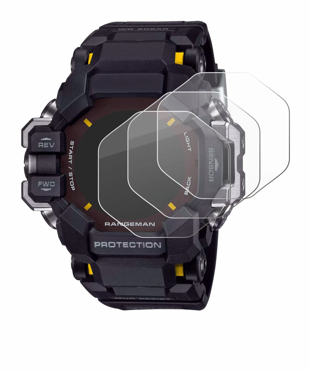 Abbildung des Geräts Casio G-Shock GPR-H 1000 mit einer Vielzahl des Displayschutzes.