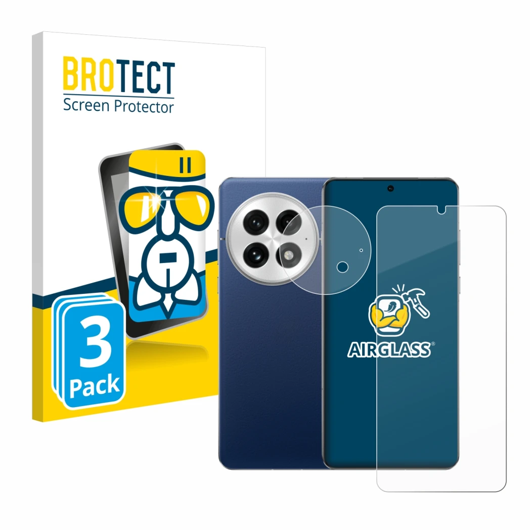 Vorderseite einer Produktverpackung mit dem Markenlogo BROTECT. Daneben ist das Gerät OnePlus 13 (Display+Kamera) mit dem zuge