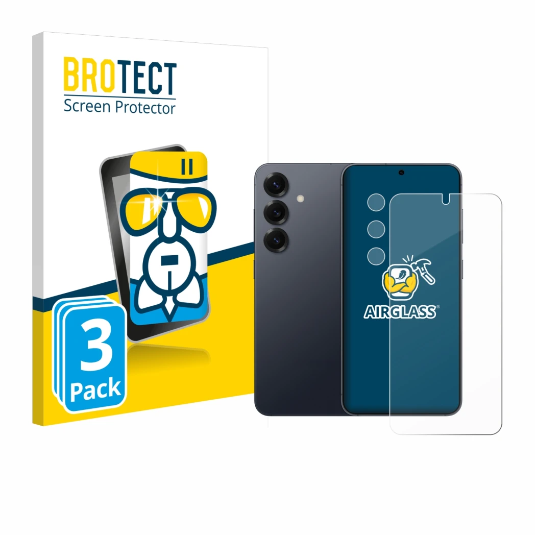 Vorderseite einer Produktverpackung mit dem Markenlogo BROTECT. Daneben ist das Gerät Samsung Galaxy S25 (Display+Kamera) mit 