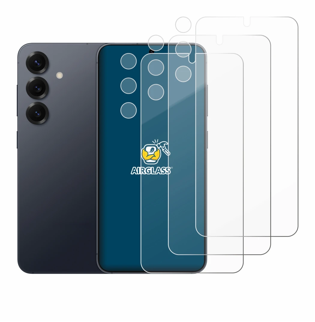 Abbildung des Geräts Samsung Galaxy S25 (Display+Kamera) mit einer Vielzahl des Displayschutzes.