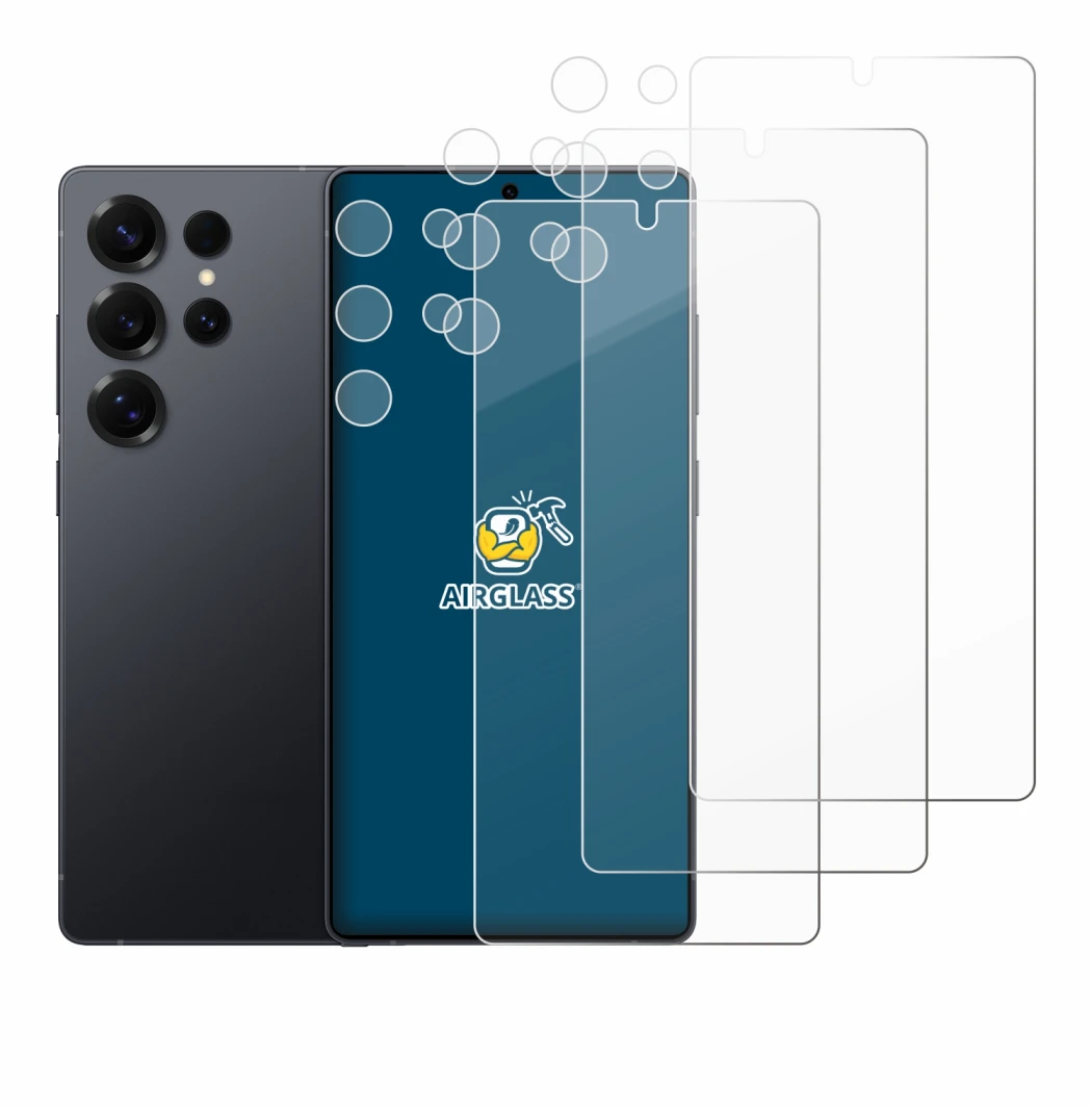 Abbildung des Geräts Samsung Galaxy S25 Ultra (Display+Kamera) mit einer Vielzahl des Displayschutzes.