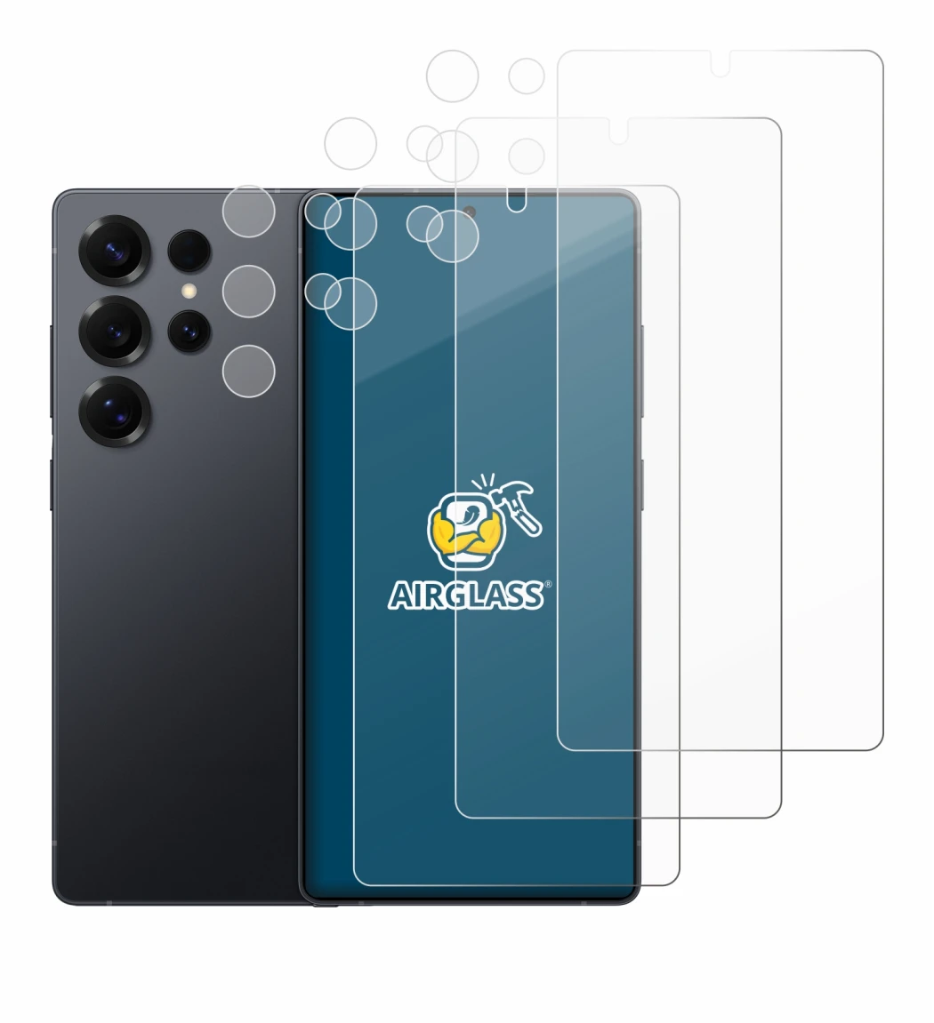 Abbildung des Geräts Samsung Galaxy S25 Ultra Enterprise Edition (Display+Kamera) mit einer Vielzahl des Displayschutzes.