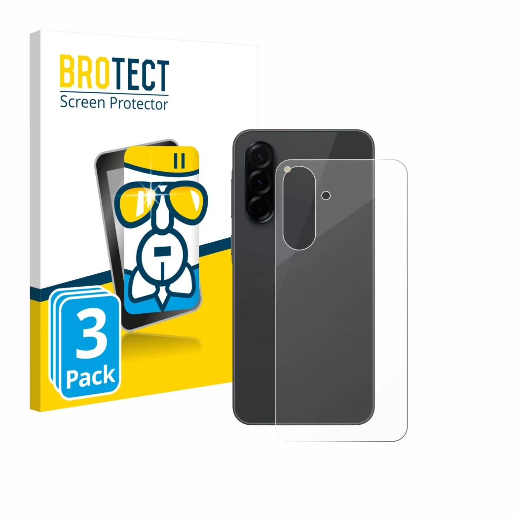 Vorderseite einer Produktverpackung mit dem Markenlogo BROTECT. Daneben ist das Gerät Samsung Galaxy A36 5G (Rückseite) mit de