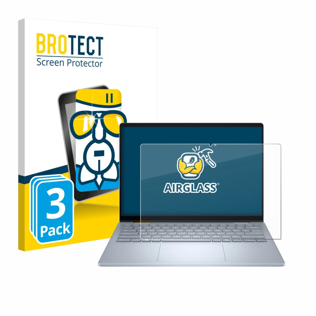 Vorderseite einer Produktverpackung mit dem Markenlogo BROTECT. Daneben ist das Gerät Dell 14 Plus 2-in-1 mit dem zugehörigen 