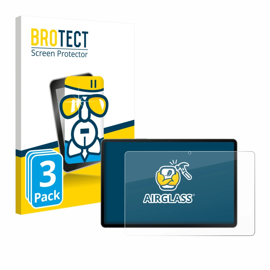 Vorderseite einer Produktverpackung mit dem Markenlogo BROTECT. Daneben ist das Gerät Samsung Galaxy Tab S10 FE 5G mit dem zug