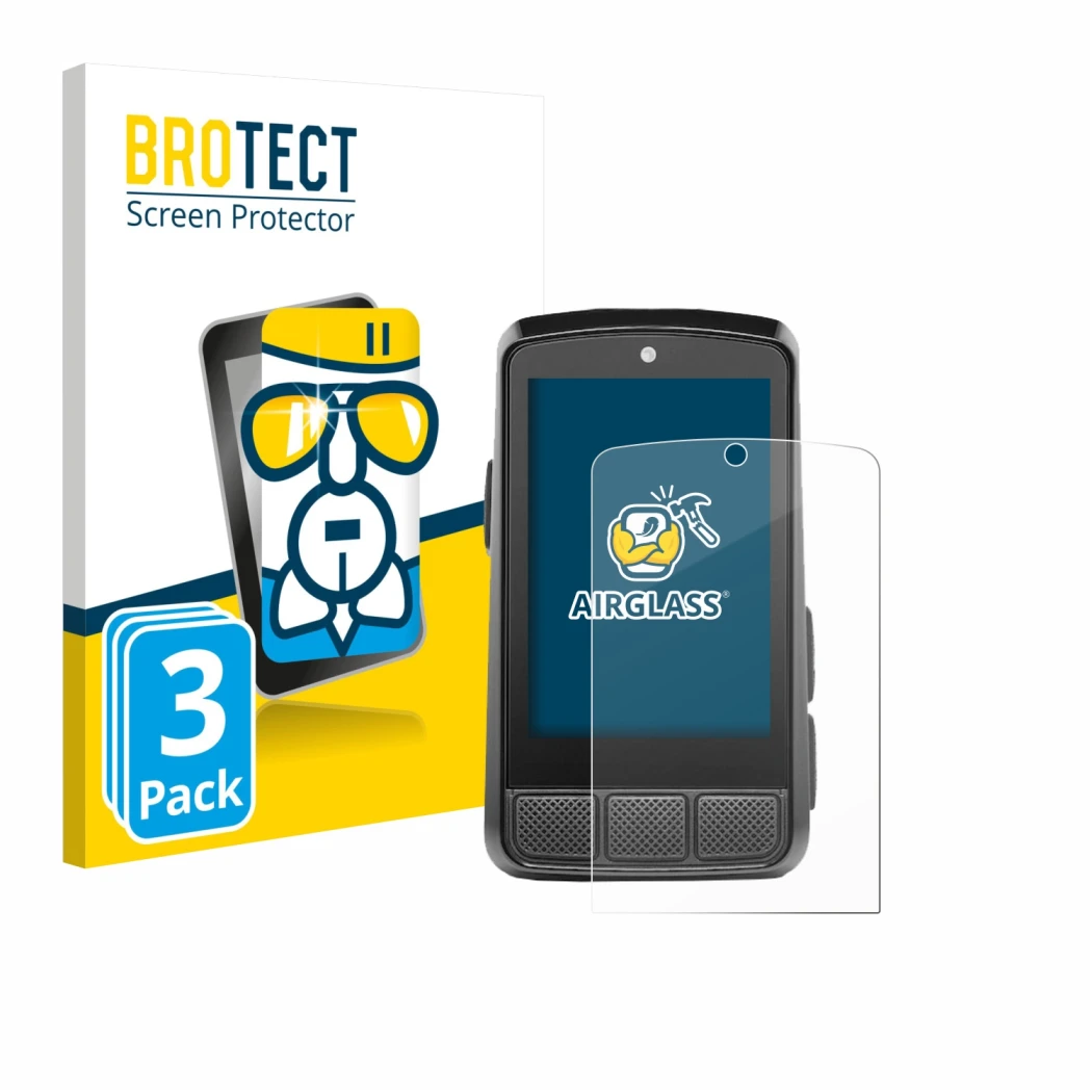 Vorderseite einer Produktverpackung mit dem Markenlogo BROTECT. Daneben ist das Gerät Wahoo Elemnt Bolt 3 mit dem zugehörigen 