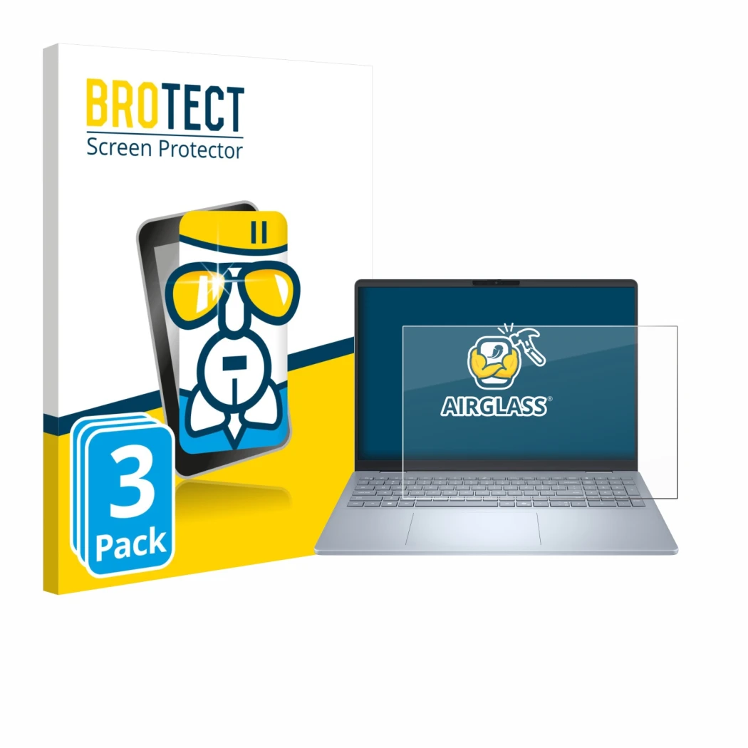 Vorderseite einer Produktverpackung mit dem Markenlogo BROTECT. Daneben ist das Gerät Dell 16 Plus Laptop mit dem zugehörigen 