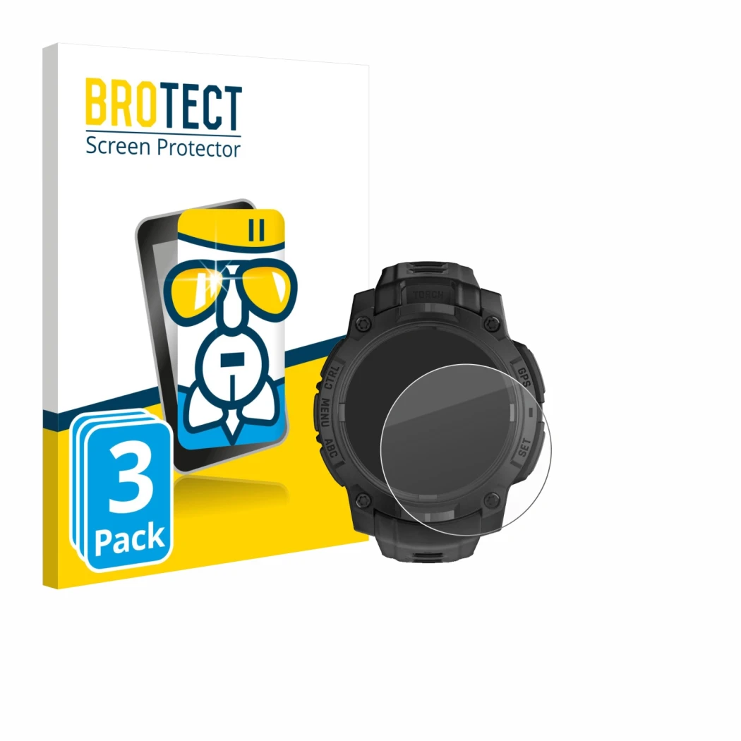 Vorderseite einer Produktverpackung mit dem Markenlogo BROTECT. Daneben ist das Gerät Garmin Instinct 3 Solar Tactical Edition