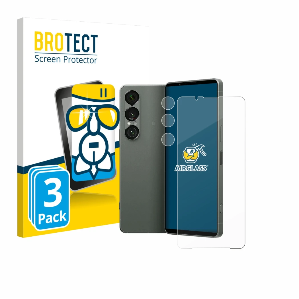 Vorderseite einer Produktverpackung mit dem Markenlogo BROTECT. Daneben ist das Gerät Sony Xperia 1 VII (Display+Kamera) mit d