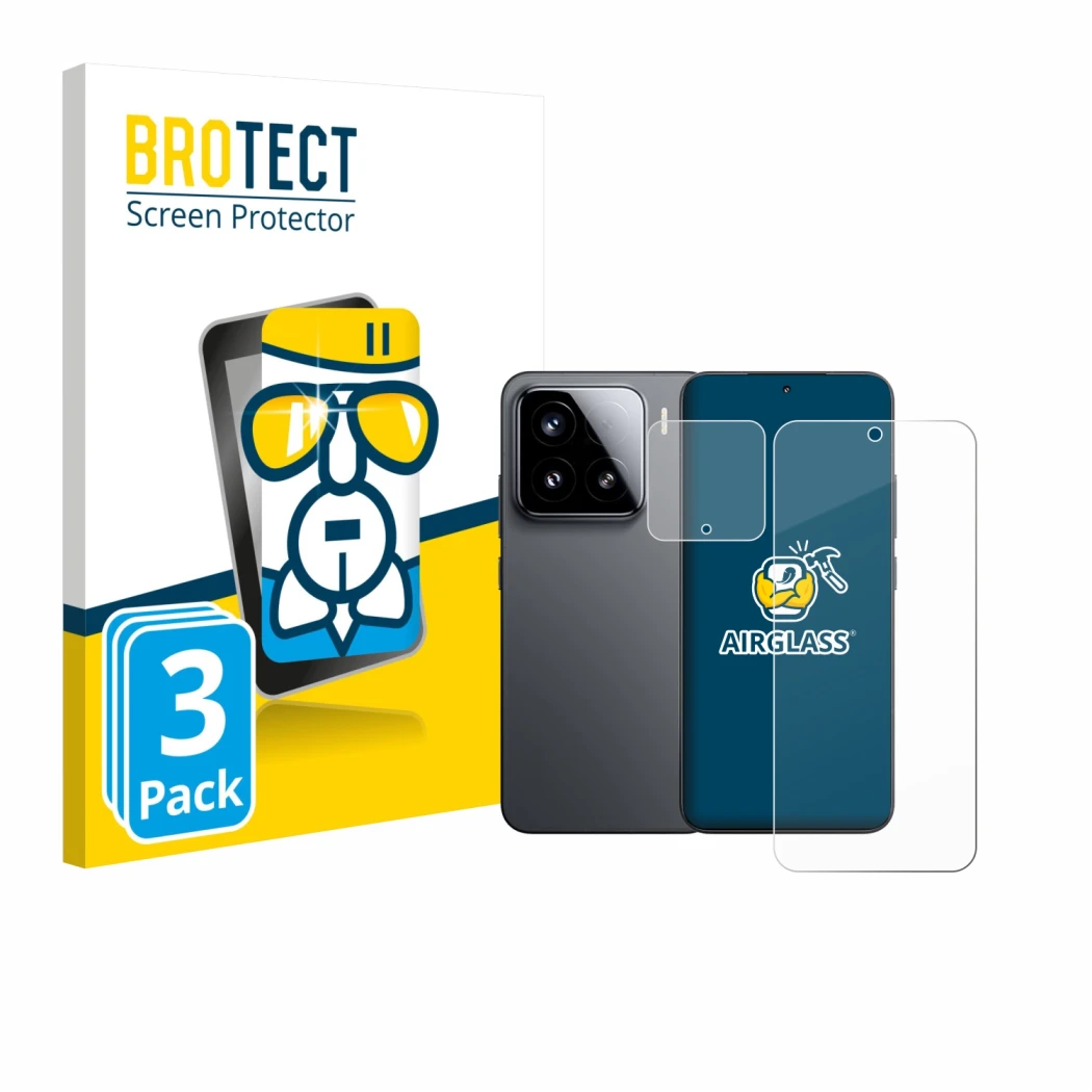 Vorderseite einer Produktverpackung mit dem Markenlogo BROTECT. Daneben ist das Gerät Xiaomi 15 (Display+Kamera) mit dem zugeh