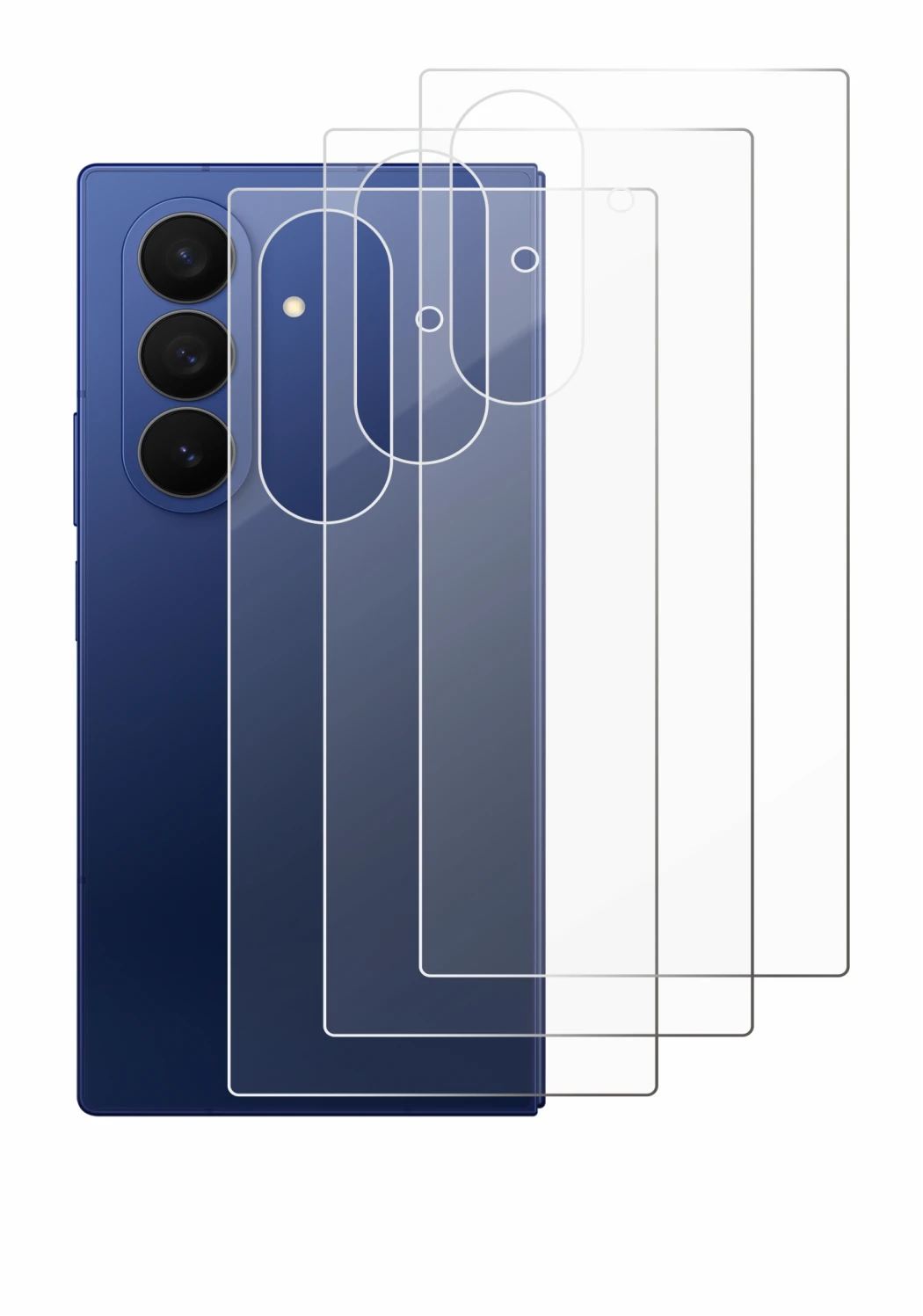 Abbildung des Geräts Samsung Galaxy Z Fold 7 (Rückseite) mit einer Vielzahl des Displayschutzes.