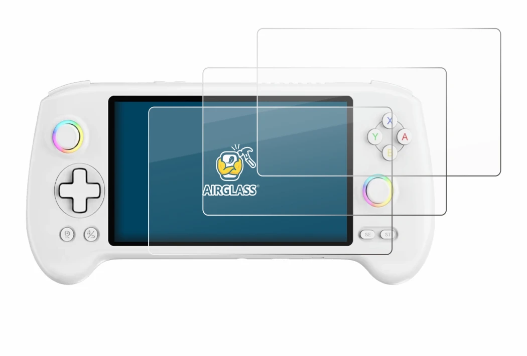 Abbildung des Geräts Anbernic RG557 mit einer Vielzahl des Displayschutzes.