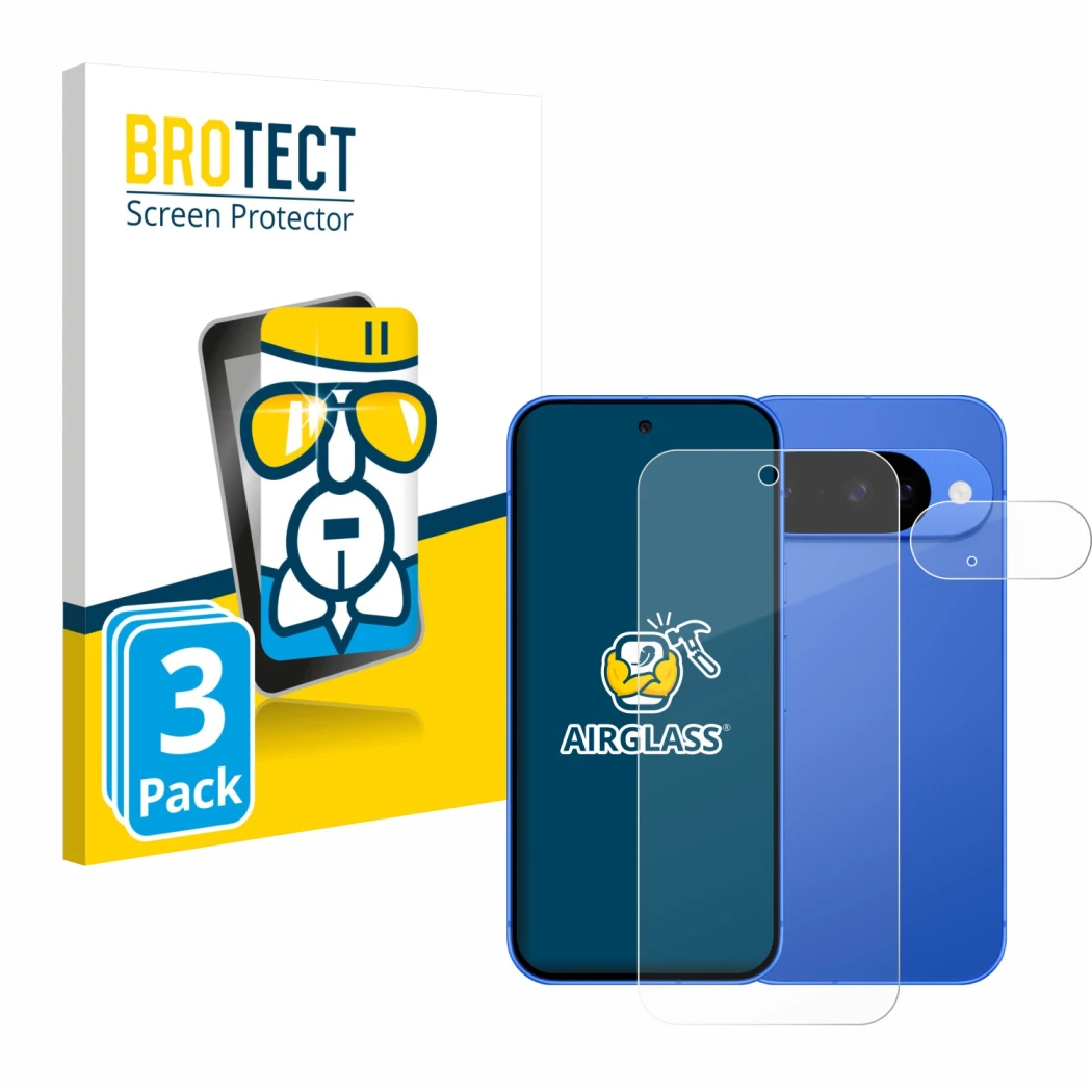 Vorderseite einer Produktverpackung mit dem Markenlogo BROTECT. Daneben ist das Gerät Google Pixel 10 (Display+Kamera) mit dem