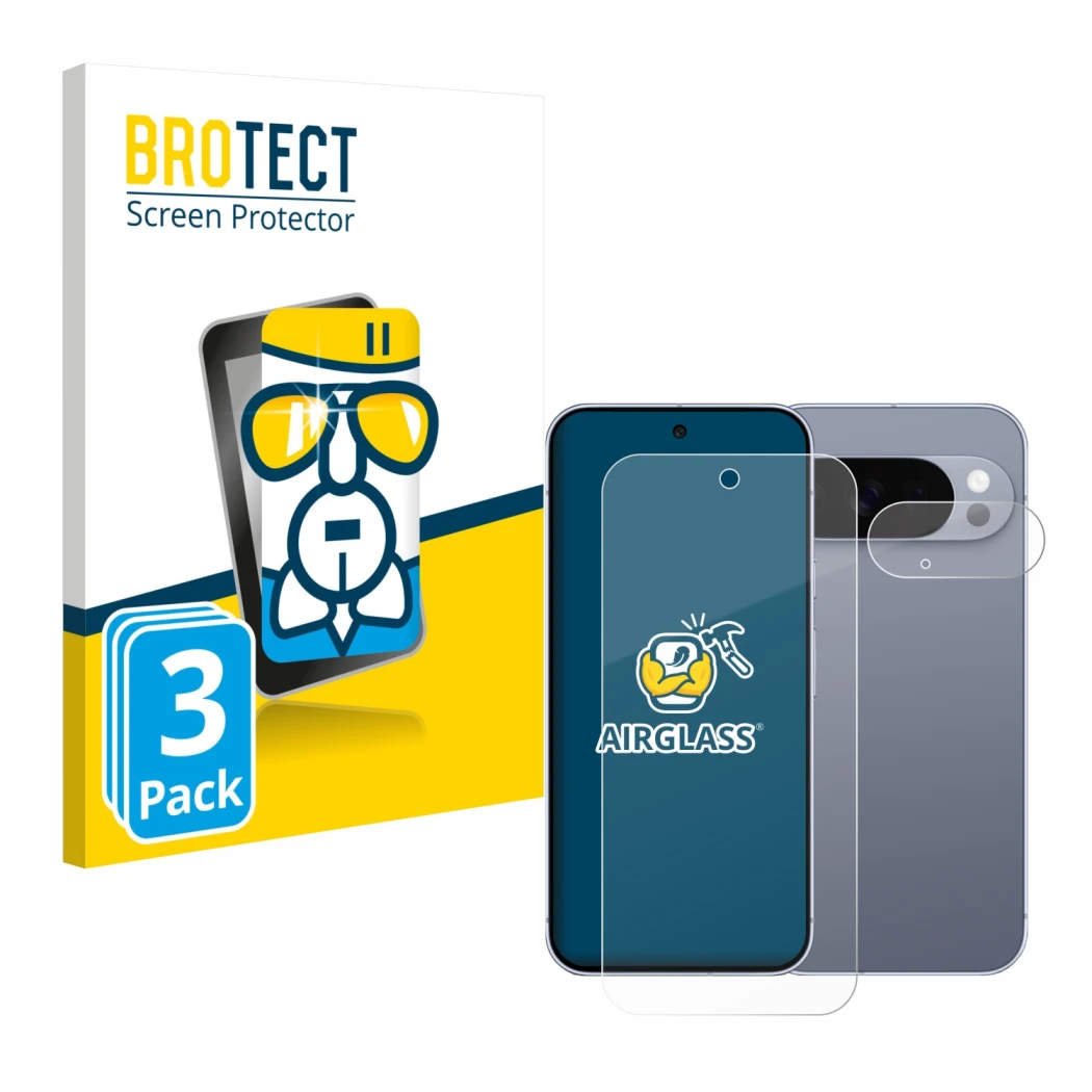 Vorderseite einer Produktverpackung mit dem Markenlogo BROTECT. Daneben ist das Gerät Google Pixel 10 Pro (Display+Kamera) mit