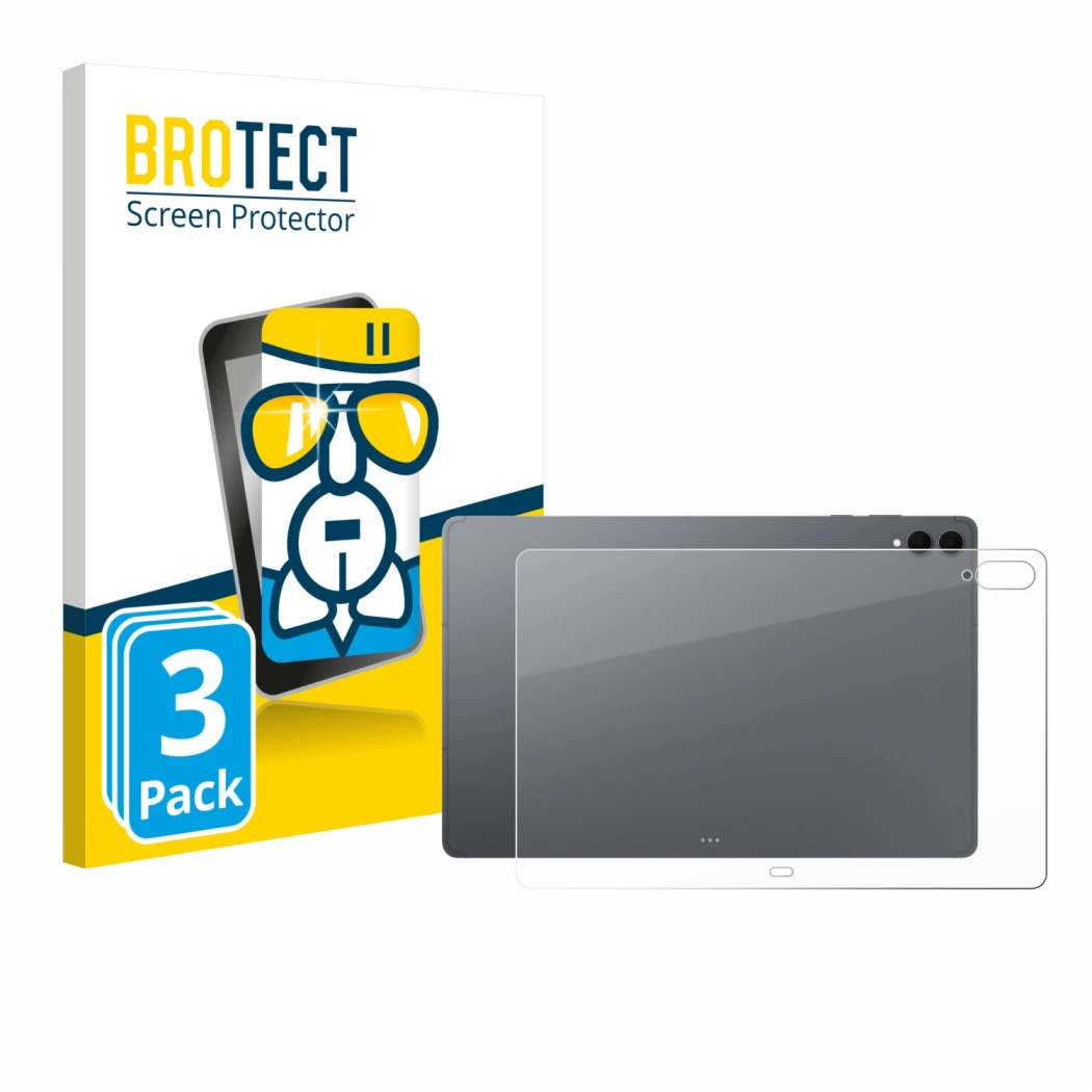 Vorderseite einer Produktverpackung mit dem Markenlogo BROTECT. Daneben ist das Gerät Samsung Galaxy Tab S11 Ultra (Rückseite)