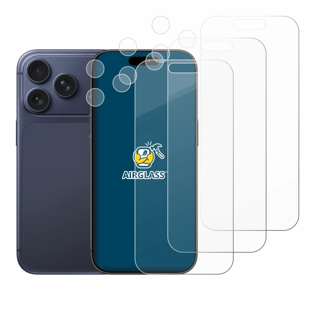 Abbildung des Geräts Apple iPhone 17 Pro (Display+Kamera) mit einer Vielzahl des Displayschutzes.