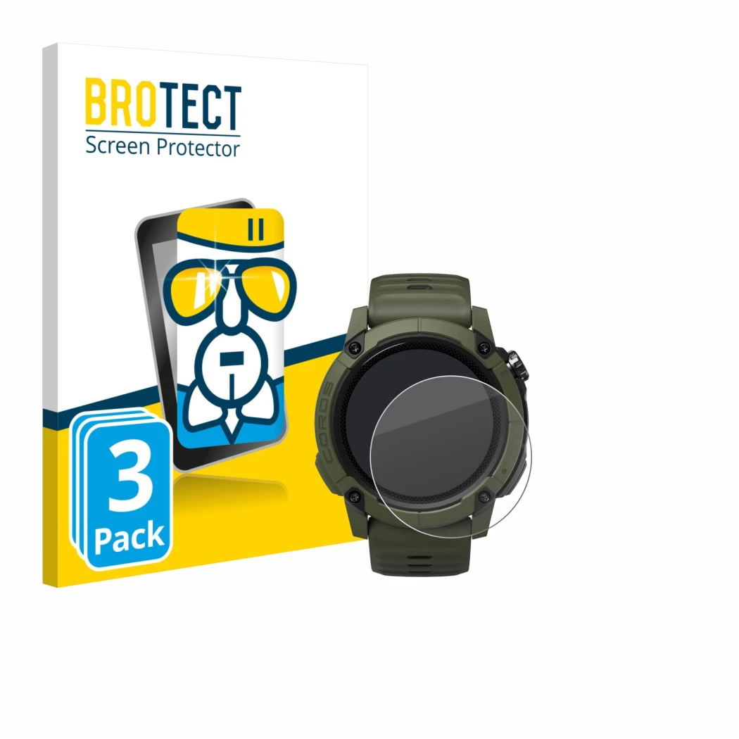 Vorderseite einer Produktverpackung mit dem Markenlogo BROTECT. Daneben ist das Gerät Coros NOMAD mit dem zugehörigen Displays