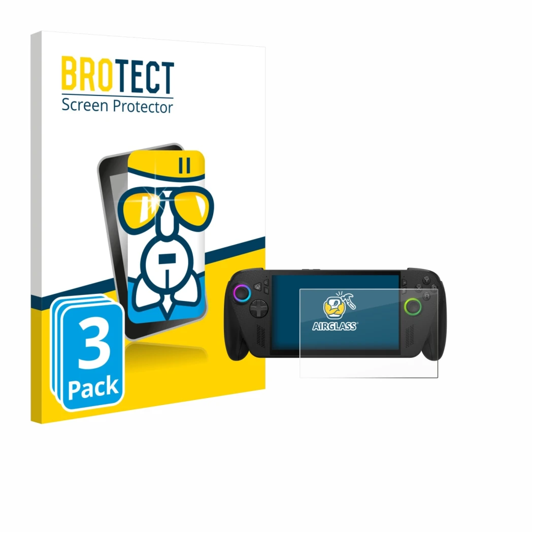 Vorderseite einer Produktverpackung mit dem Markenlogo BROTECT. Daneben ist das Gerät ASUS ROG Ally X 2025 mit dem zugehörigen