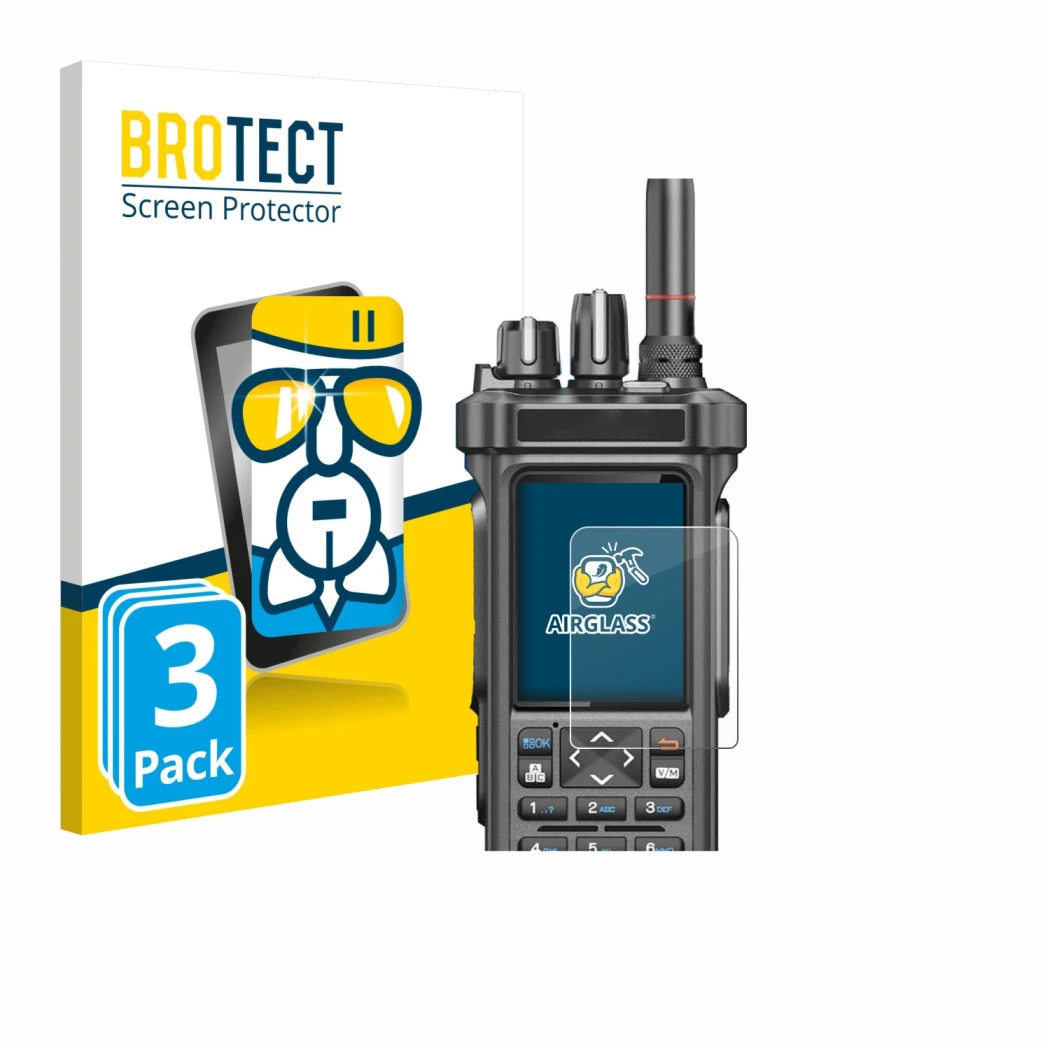 Vorderseite einer Produktverpackung mit dem Markenlogo BROTECT. Daneben ist das Gerät Radtel RT-950 Pro mit dem zugehörigen Di