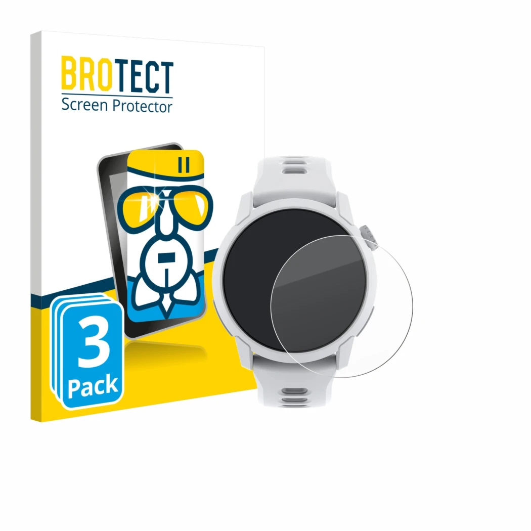 Vorderseite einer Produktverpackung mit dem Markenlogo BROTECT. Daneben ist das Gerät Coros Pace 4 mit dem zugehörigen Display