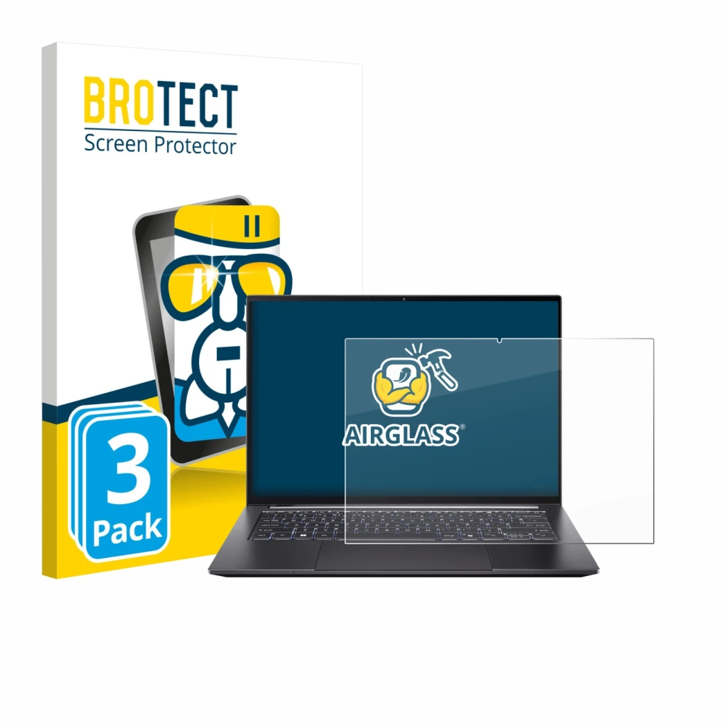 Vorderseite einer Produktverpackung mit dem Markenlogo BROTECT. Daneben ist das Gerät Acer Swift X 14 SFX14-73G Touch mit dem 