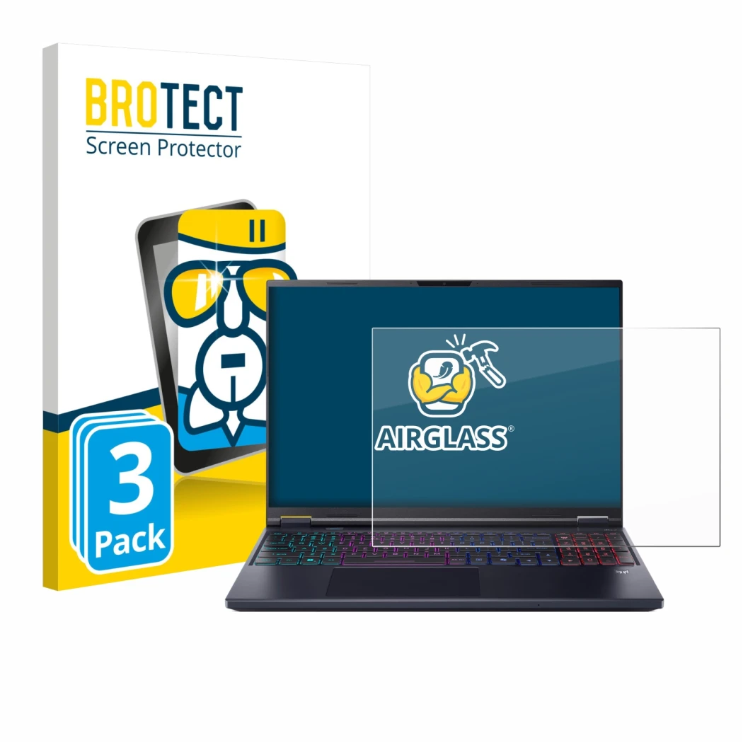 Vorderseite einer Produktverpackung mit dem Markenlogo BROTECT. Daneben ist das Gerät Acer Predator Helios Neo 16 AI mit dem z