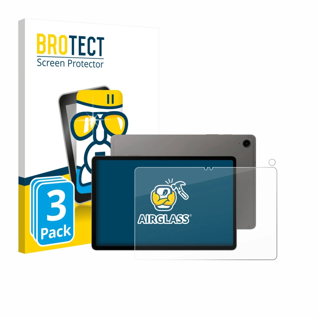 Vorderseite einer Produktverpackung mit dem Markenlogo BROTECT. Daneben ist das Gerät Samsung Galaxy Tab S9 FE (Display+Kamera