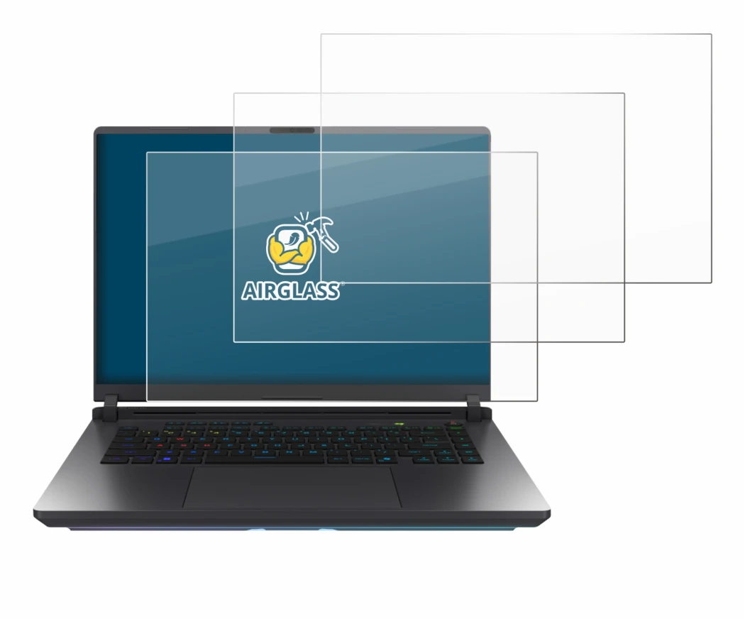 Abbildung des Geräts ASUS ROG Strix G16 2025 mit einer Vielzahl des Displayschutzes.