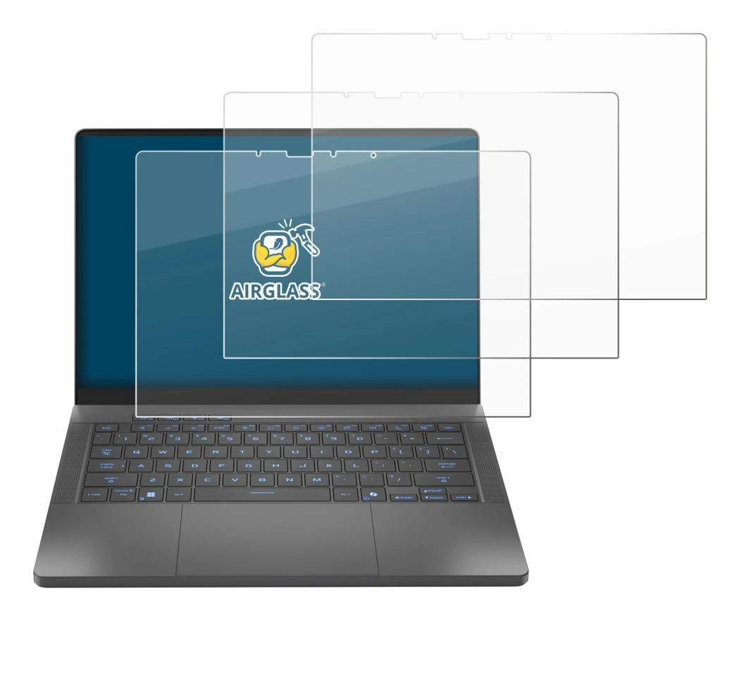 Abbildung des Geräts ASUS ROG Zephyrus G14 2025 GA403 mit einer Vielzahl des Displayschutzes.