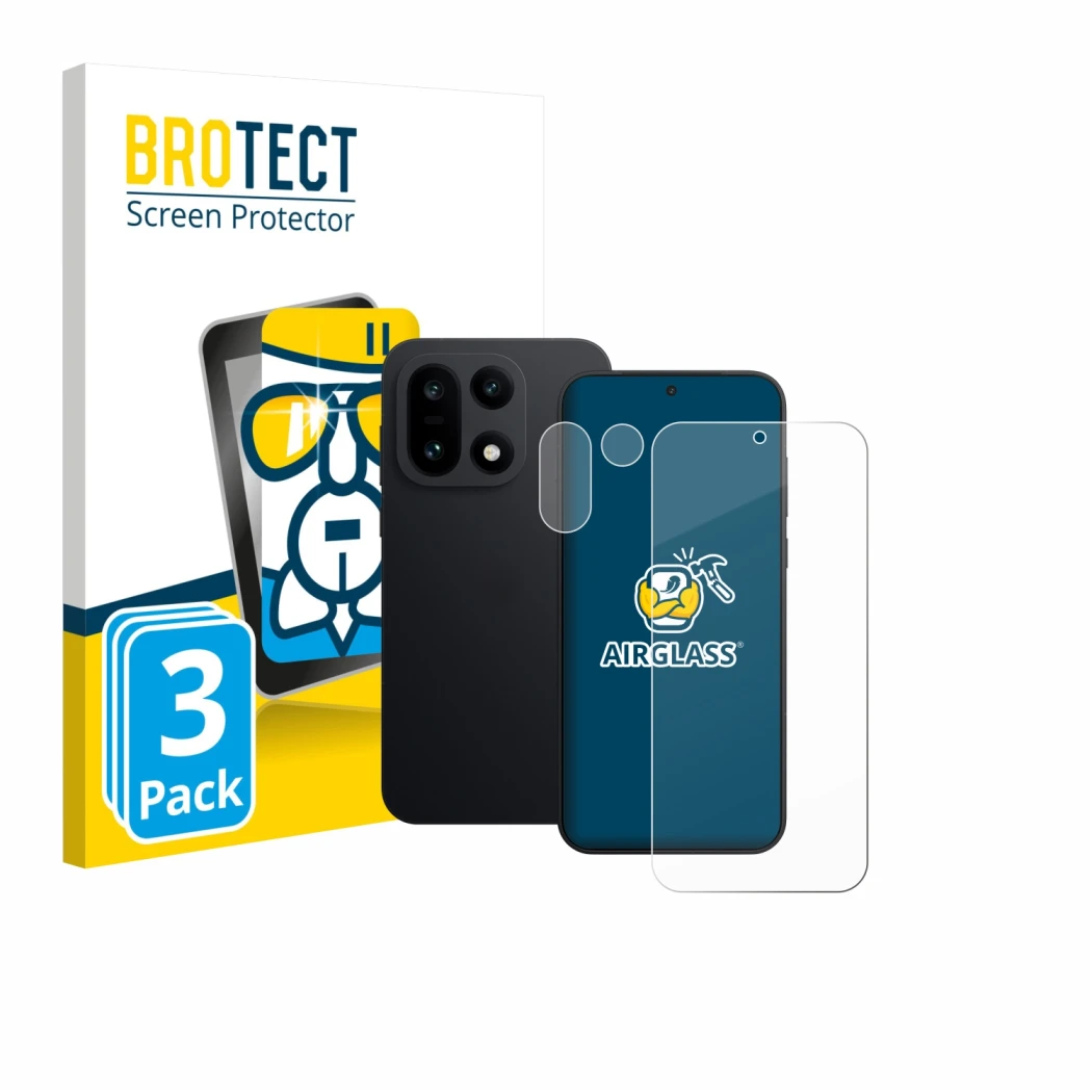 Vorderseite einer Produktverpackung mit dem Markenlogo BROTECT. Daneben ist das Gerät OnePlus 15 (Display+Kamera) mit dem zuge