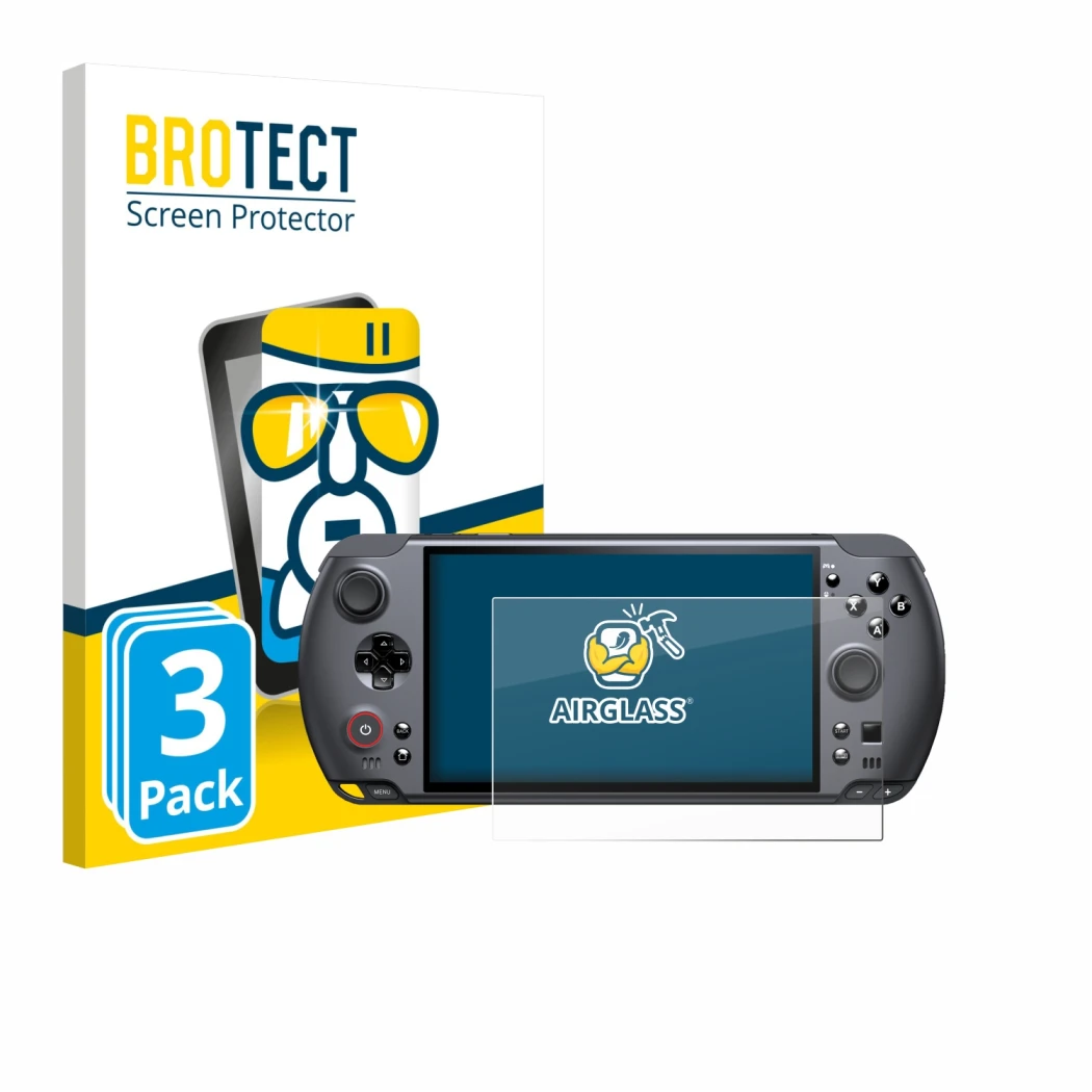 Vorderseite einer Produktverpackung mit dem Markenlogo BROTECT. Daneben ist das Gerät GPD Win 5 mit dem zugehörigen Displaysch