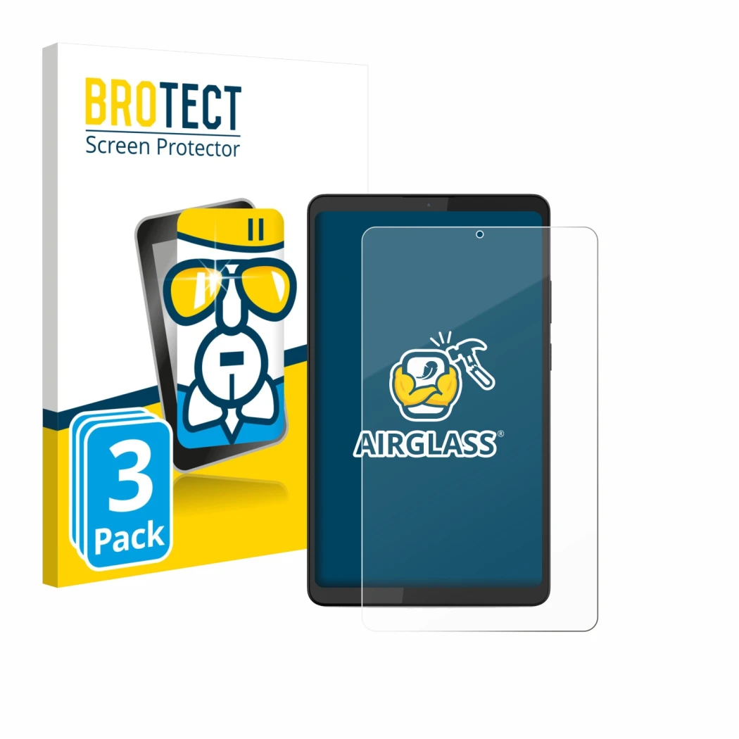 Vorderseite einer Produktverpackung mit dem Markenlogo BROTECT. Daneben ist das Gerät Lenovo Tab K9 mit dem zugehörigen Displa