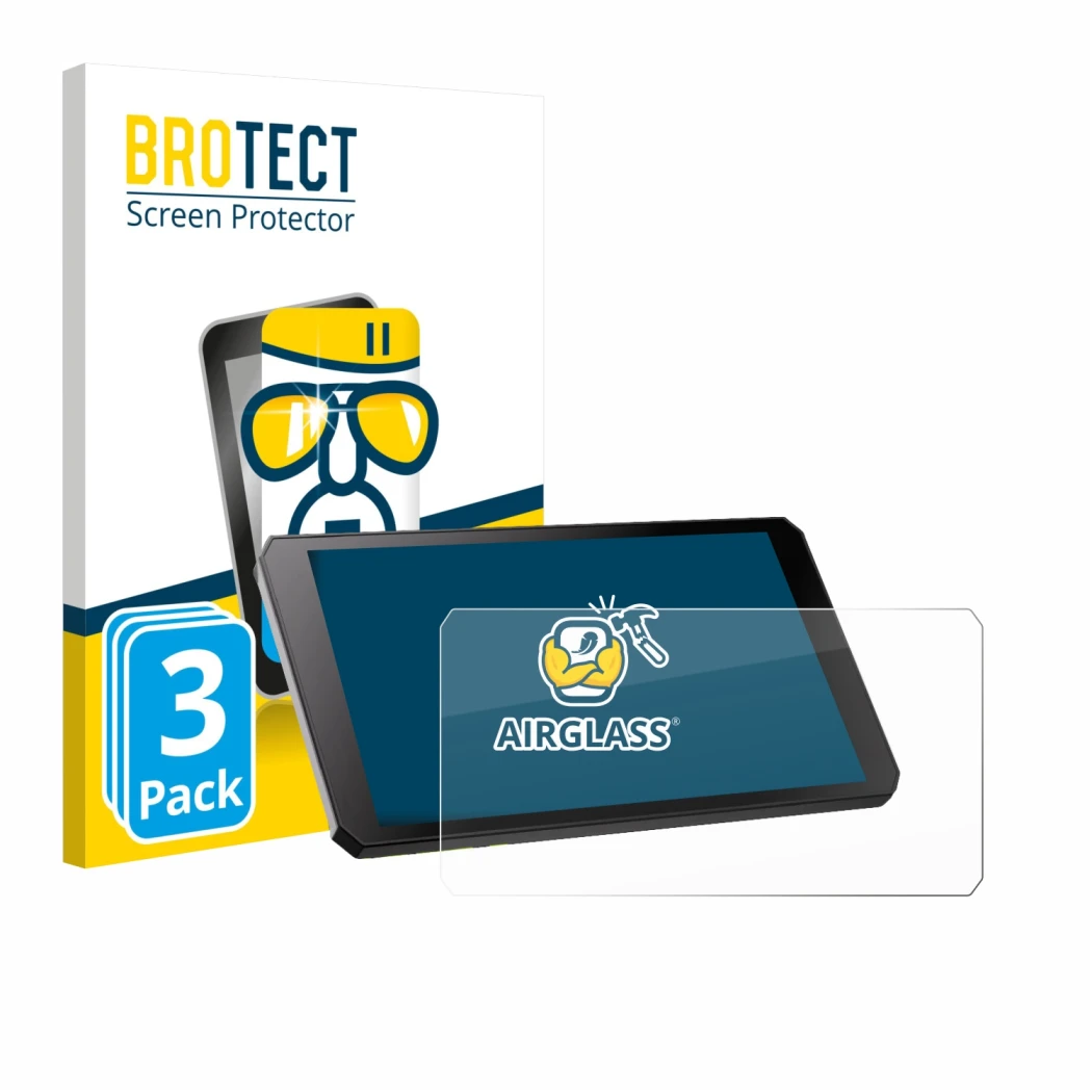 Vorderseite einer Produktverpackung mit dem Markenlogo BROTECT. Daneben ist das Gerät RiderNav R7M mit dem zugehörigen Display