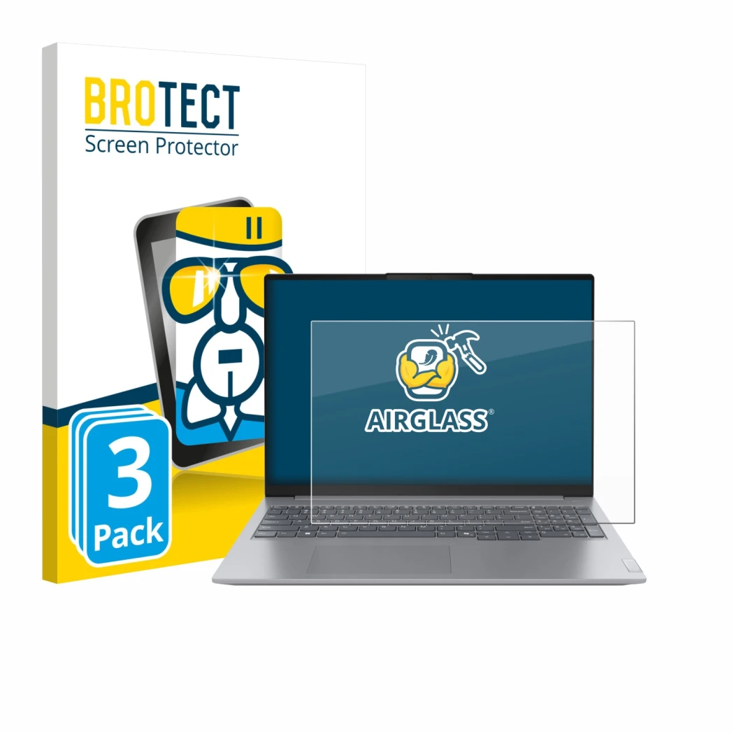 Vorderseite einer Produktverpackung mit dem Markenlogo BROTECT. Daneben ist das Gerät Lenovo ThinkBook 16 Gen 7+ mit dem zugeh