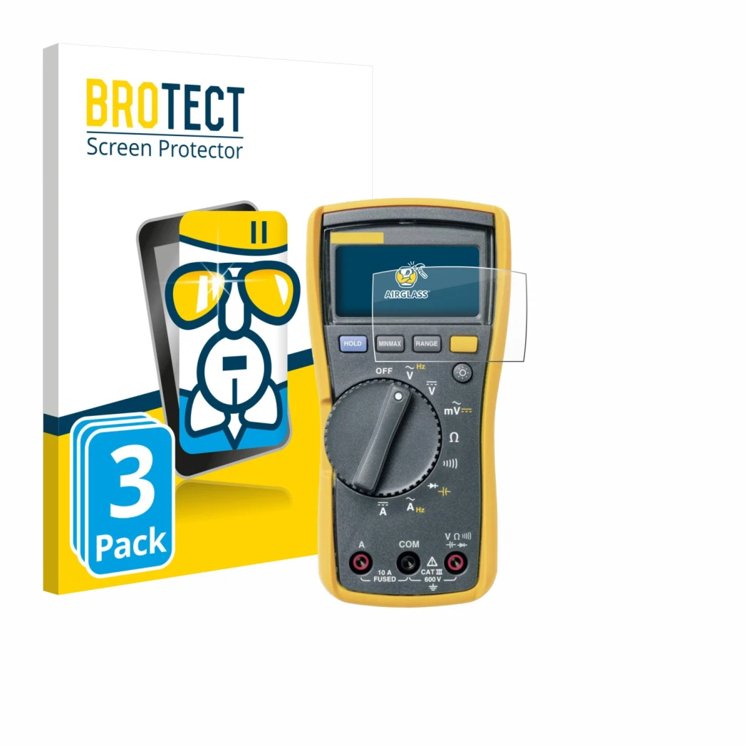 Vorderseite einer Produktverpackung mit dem Markenlogo BROTECT. Daneben ist das Gerät Fluke MultiMeter 113 mit dem zugehörigen