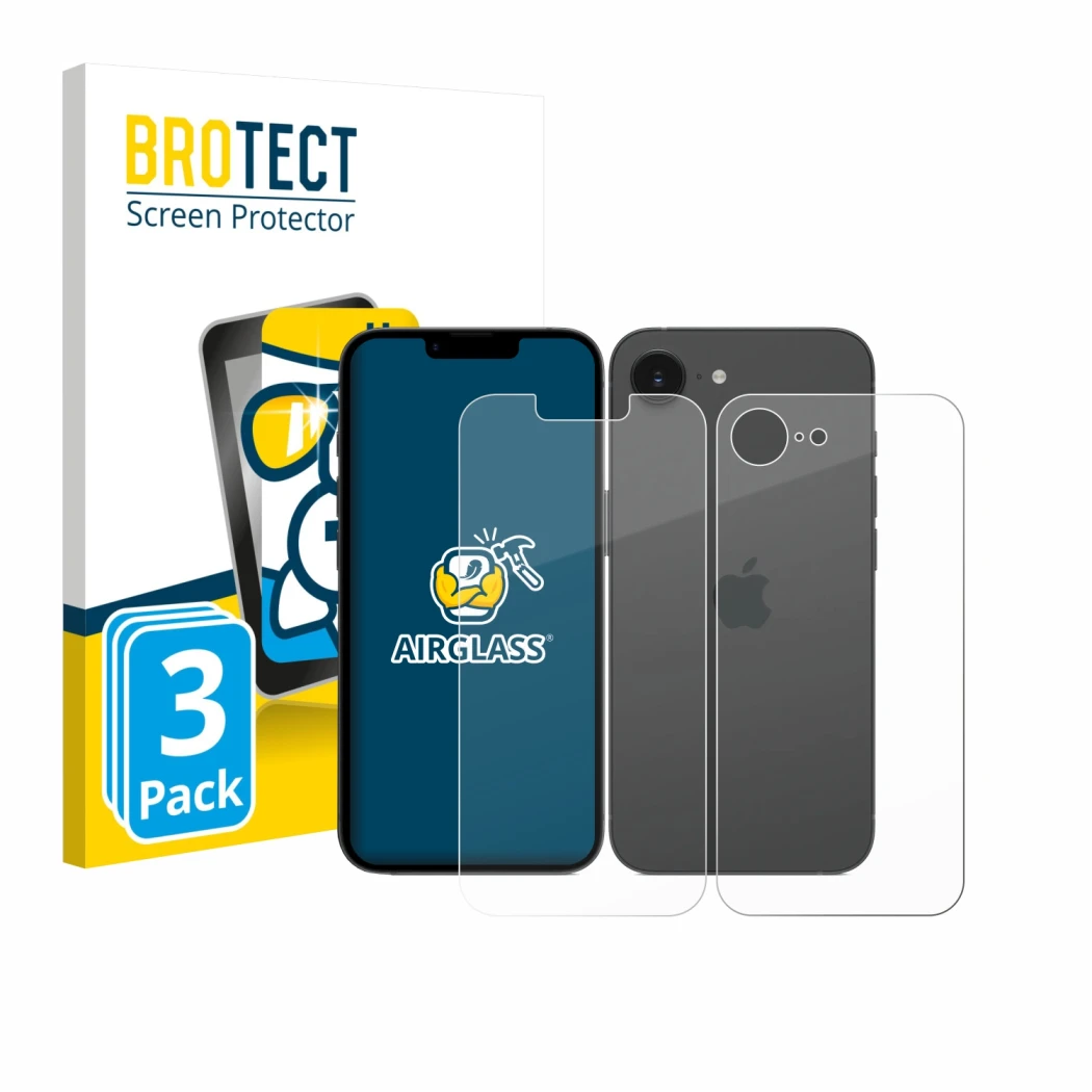 Vorderseite einer Produktverpackung mit dem Markenlogo BROTECT. Daneben ist das Gerät Apple iPhone 17e (Display+Rückseite) mit