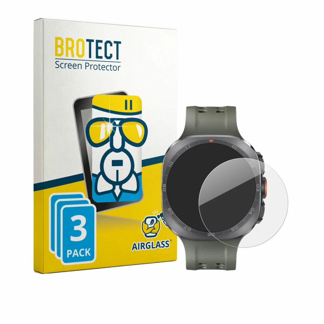 Vorderseite einer Produktverpackung mit dem Markenlogo BROTECT. Daneben ist das Gerät Samsung Galaxy Watch Ultra 2 (47 mm) mit