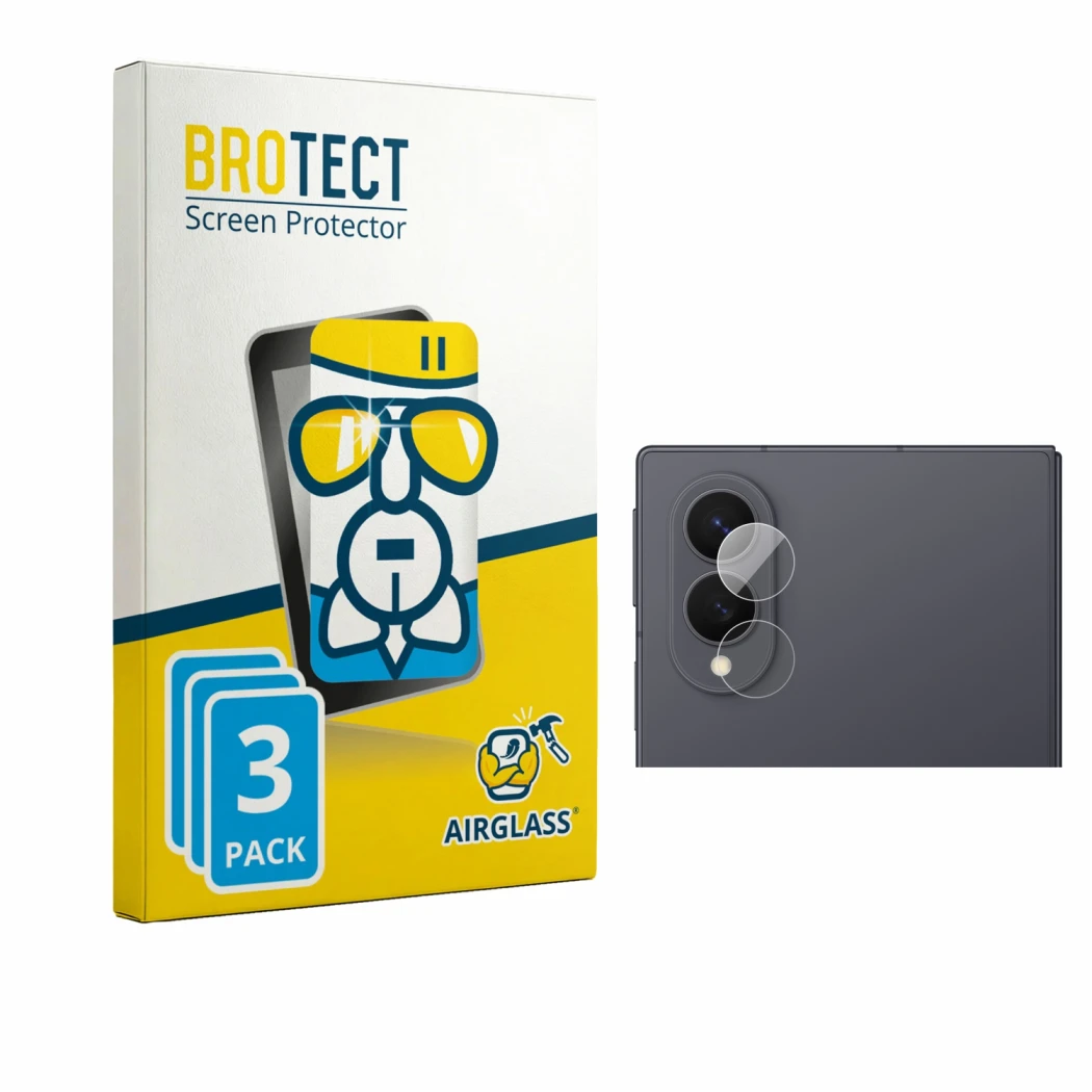 Vorderseite einer Produktverpackung mit dem Markenlogo BROTECT. Daneben ist das Gerät Samsung Galaxy Z Fold 8 (NUR Kameraschut