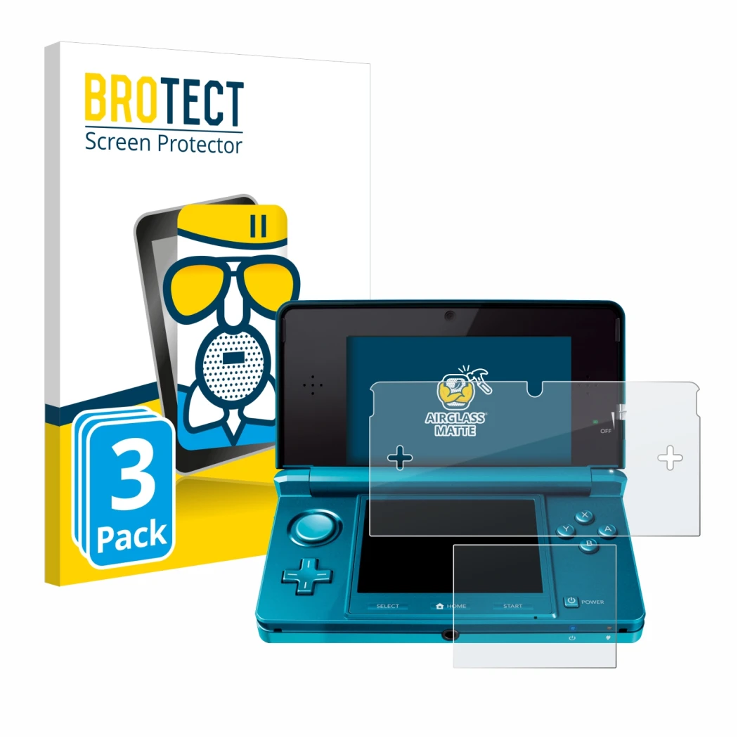 Vorderseite einer Produktverpackung mit dem Markenlogo BROTECT. Daneben ist das Gerät Nintendo 3DS mit dem zugehörigen Display