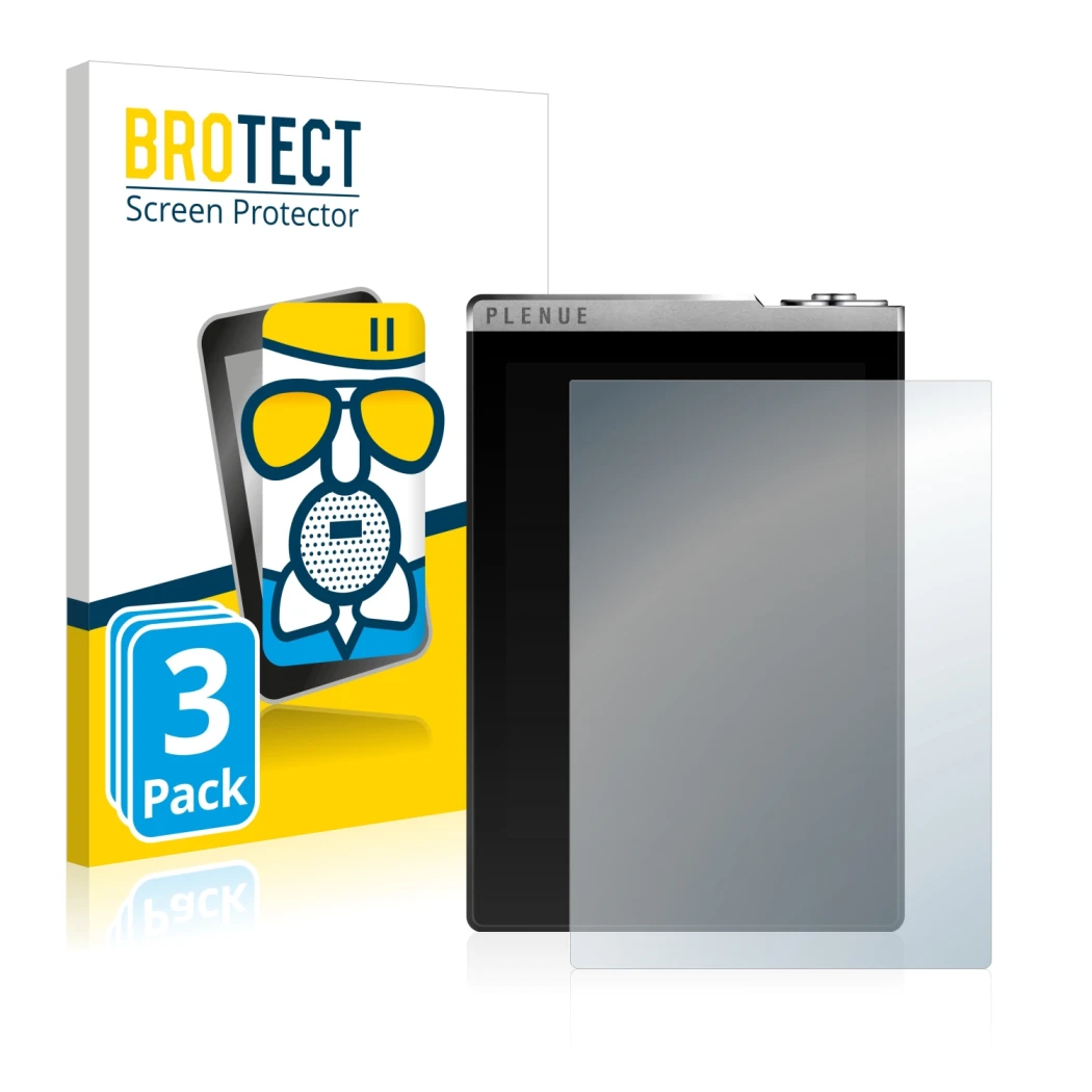 Vorderseite einer Produktverpackung mit dem Markenlogo BROTECT. Daneben ist das Gerät Cowon Plenue D mit dem zugehörigen Displ