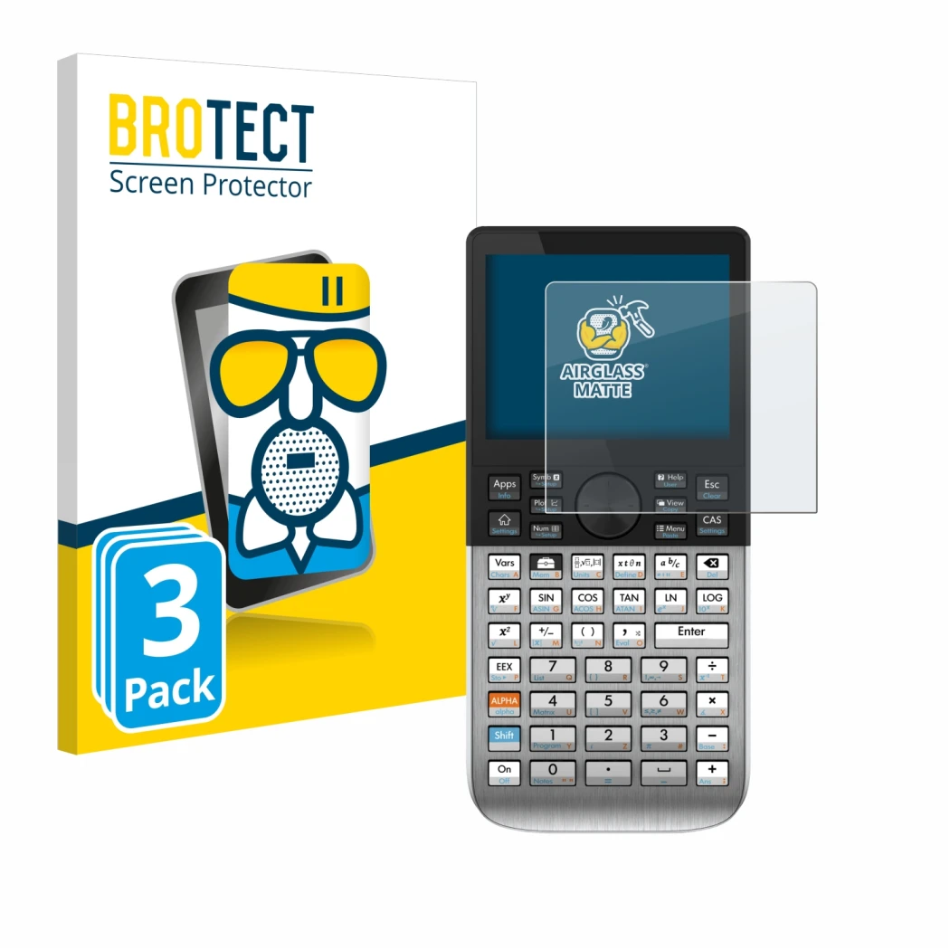 Vorderseite einer Produktverpackung mit dem Markenlogo BROTECT. Daneben ist das Gerät HP Prime mit dem zugehörigen Displayschu