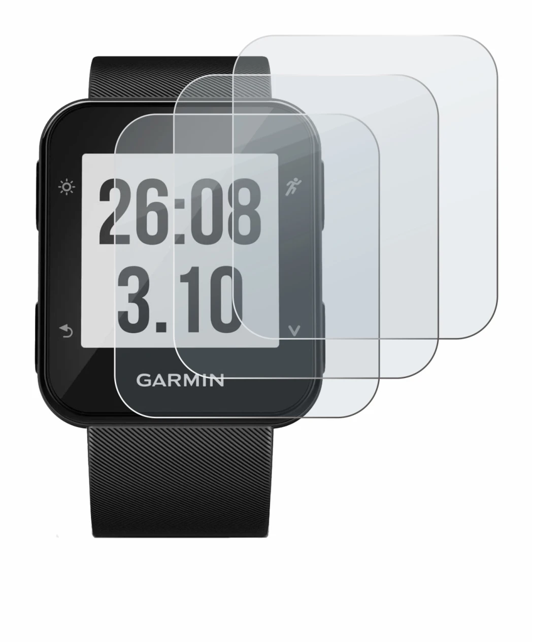 Abbildung des Geräts Garmin Forerunner 30 mit einer Vielzahl des Displayschutzes.