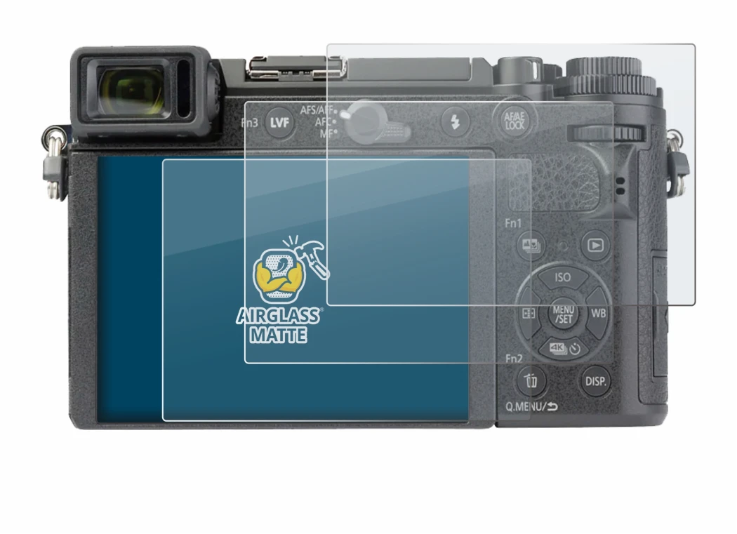 Abbildung des Geräts Panasonic Lumix DC-GX9 mit einer Vielzahl des Displayschutzes.