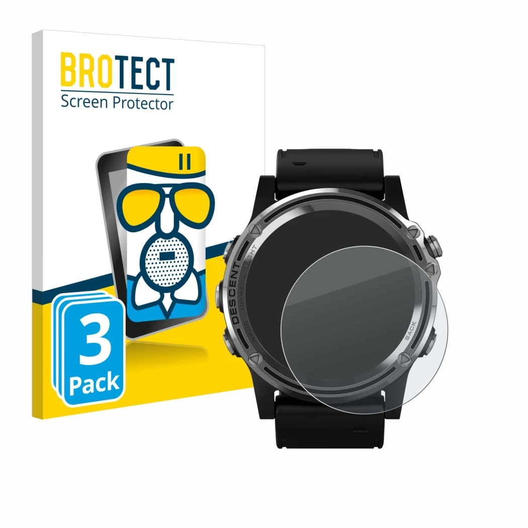 Vorderseite einer Produktverpackung mit dem Markenlogo BROTECT. Daneben ist das Gerät Garmin Descent Mk1 mit dem zugehörigen D