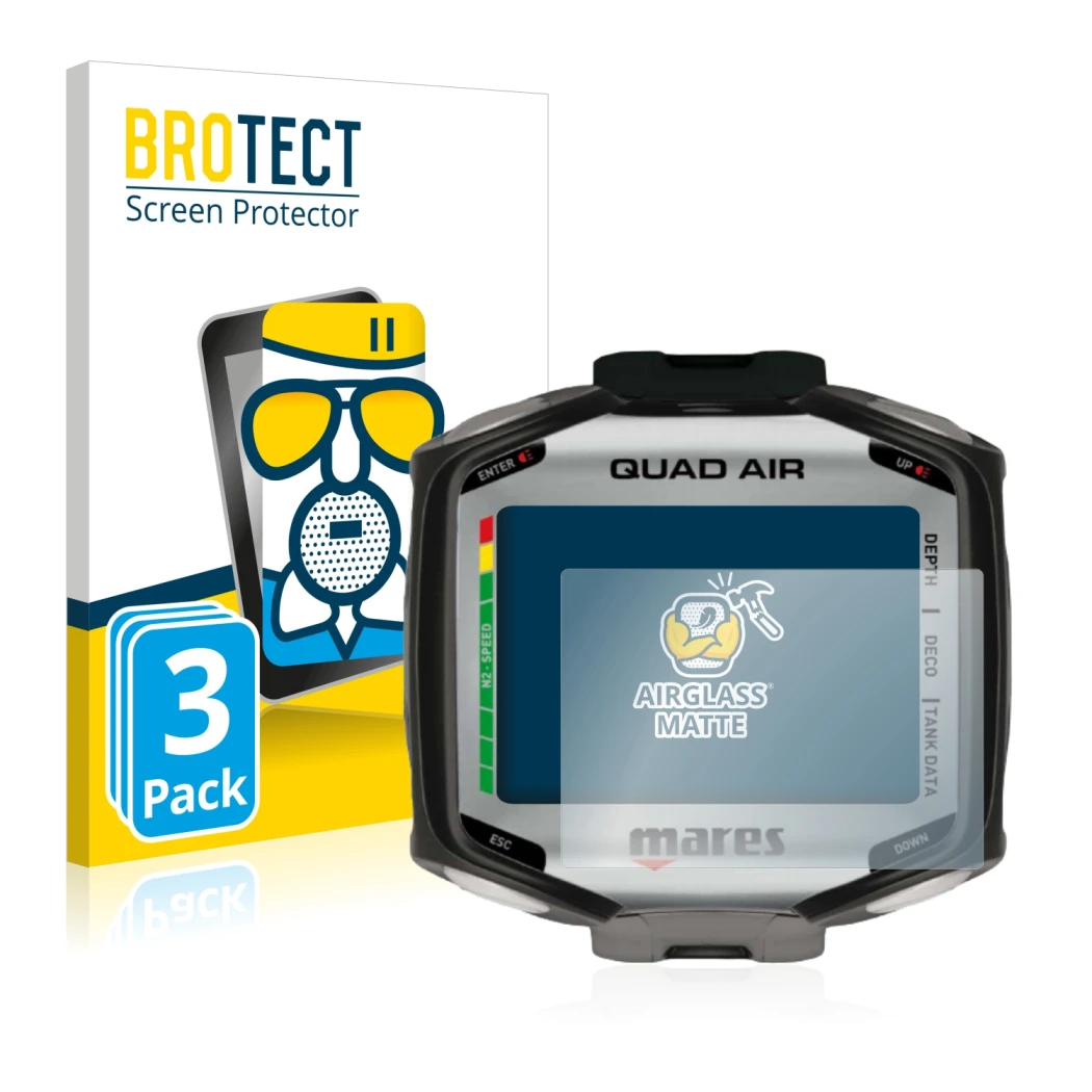 Vorderseite einer Produktverpackung mit dem Markenlogo BROTECT. Daneben ist das Gerät Mares Quad Air mit dem zugehörigen Displ