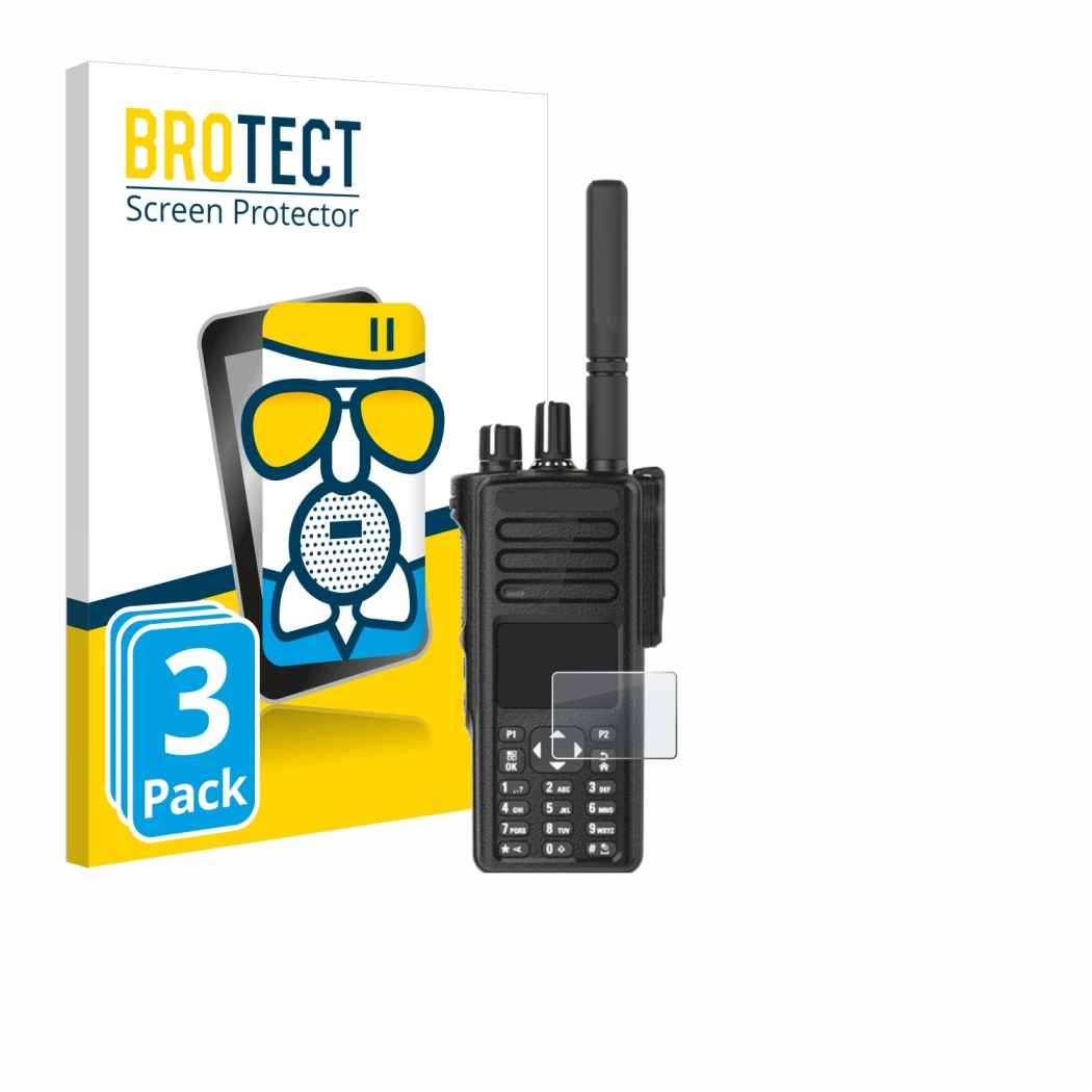 Vorderseite einer Produktverpackung mit dem Markenlogo BROTECT. Daneben ist das Gerät Motorola DP4801e mit dem zugehörigen Dis