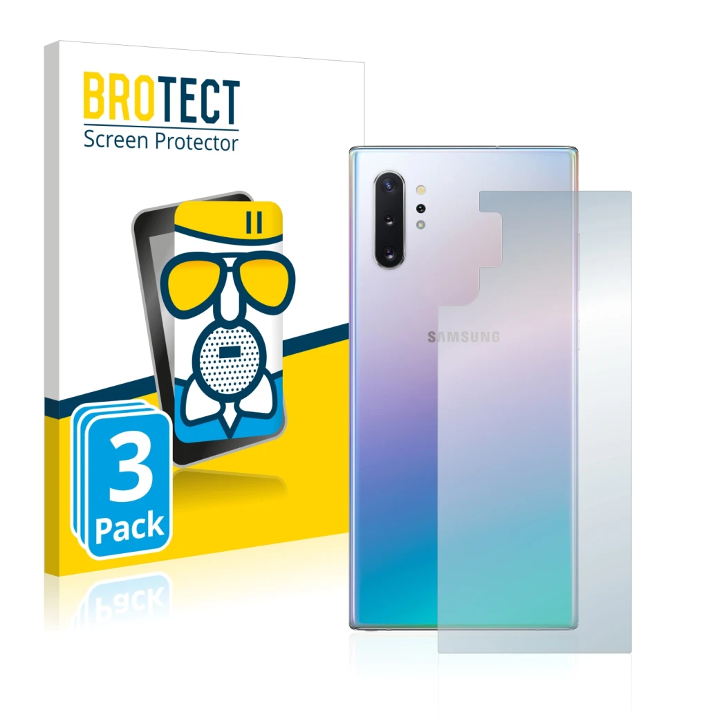 Vorderseite einer Produktverpackung mit dem Markenlogo BROTECT. Daneben ist das Gerät Samsung Galaxy Note 10 Plus (Rückseite)