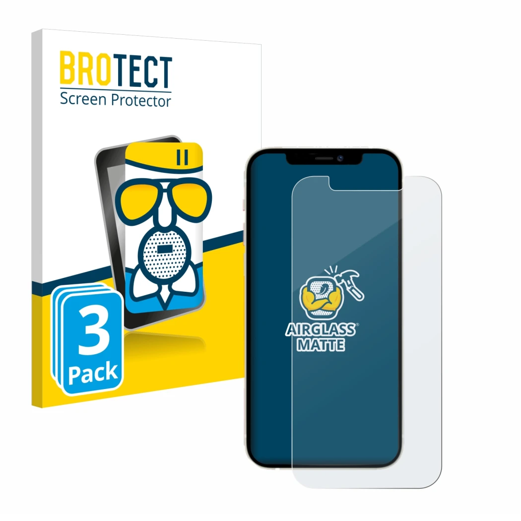 Vorderseite einer Produktverpackung mit dem Markenlogo BROTECT. Daneben ist das Gerät Apple iPhone 12 mit dem zugehörigen Disp